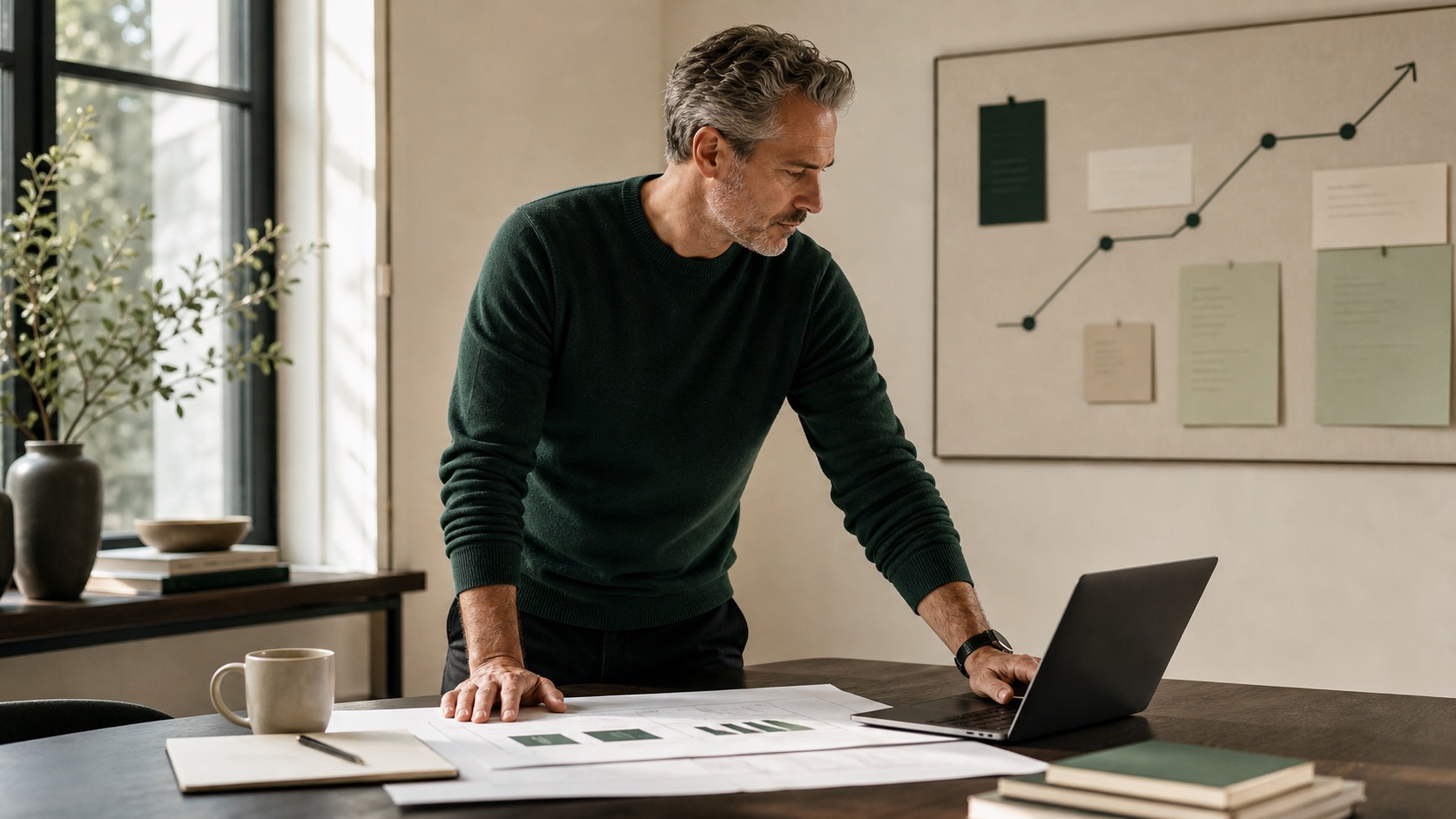 A senior operator reviewing a growth plan in a calm strategy room.